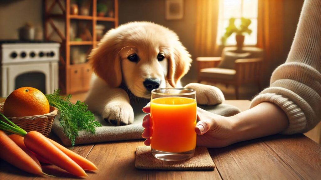 飼い主と愛犬が無添加人参ジュースを囲んで楽しむシーン｜絆を深める特別なおやつタイム
