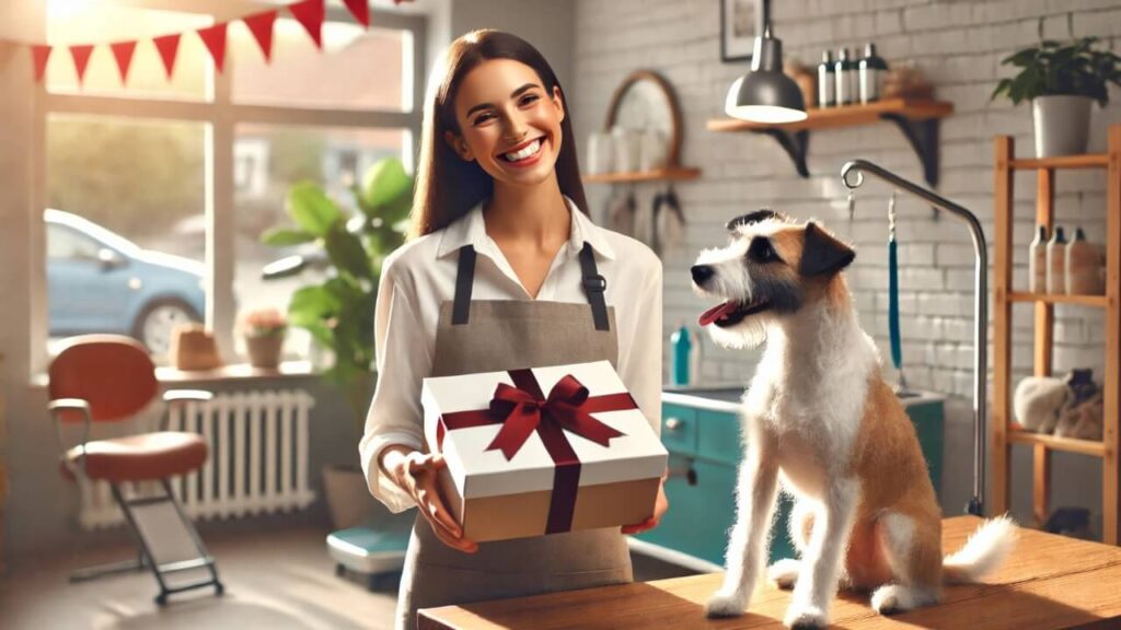 女性トリマーとお客様、ペットが一緒に笑顔でギフトを囲んでいる心温まる場面