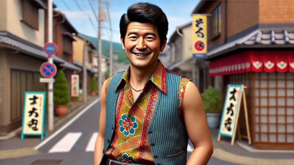 昭和風レトロスタイルを楽しむ40代男性。カラフルな柄シャツとベストを着こなし、笑顔で昭和の街並みを歩く様子。