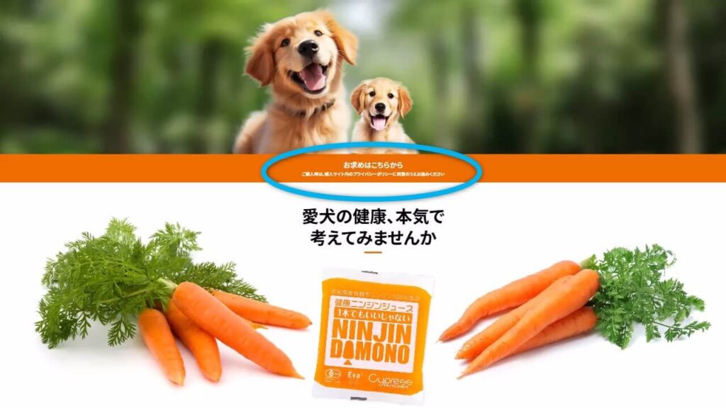 愛犬用ニンジンジュースのホームページのスクリーンショット