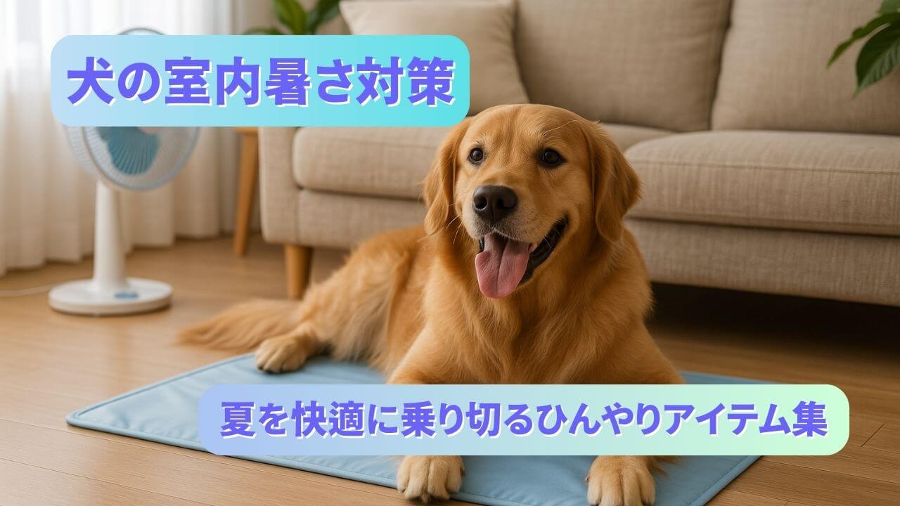 室内でひんやりグッズと一緒にリラックスする犬のイメージ｜犬の暑さ対策グッズ紹介記事用サムネイル